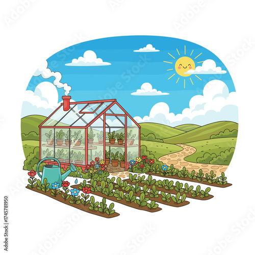 A cartoon garden greenhouse landscape featuring a blue glass dome, rows of vegetables, pink flowers, and a watering can in a sunny field, set against rural hills and clouds for an agricultural game