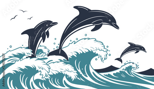 Dynamic Dolphins Jumping Over Ocean Waves | Marine Wildlife Art Design