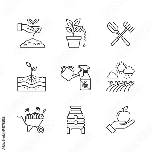 Gardening line icons featuring seeding, flowers, tools, and more, with an editable stroke and 48x48 pixel perfection
