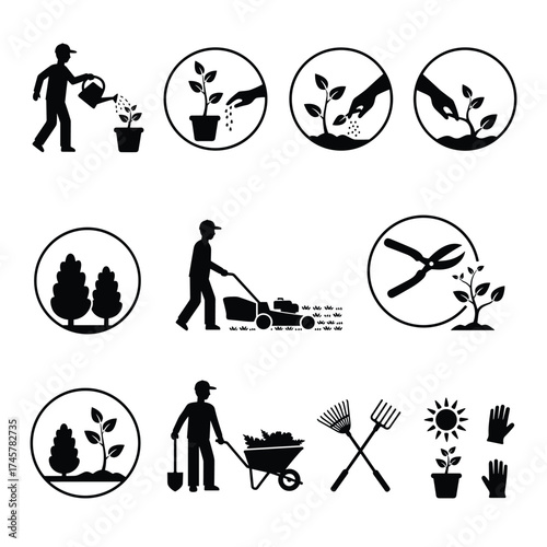 Male, humans, horticulture, labor, irrigation, vegetation, blossom, pruning, fertilizer, pesticide, lawn, pictograph, emblem, icon, sign