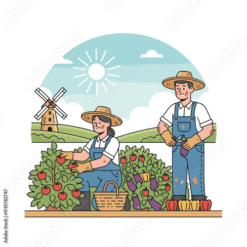 Farmers work in agriculture, rural laborers harvest crops, gardeners gather vegetables from fields, a person carries a basket of produce, and people are seen across farmland landscapes in a flat