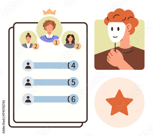 Individual holding a mask next to ranking chart, profile icons, and star ratings. Ideal for feedback, competition, authenticity, user reviews, self-perception evaluation honesty. Simple flat