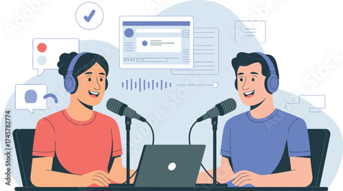 Illustration of a podcast recording with two people isolated on white background