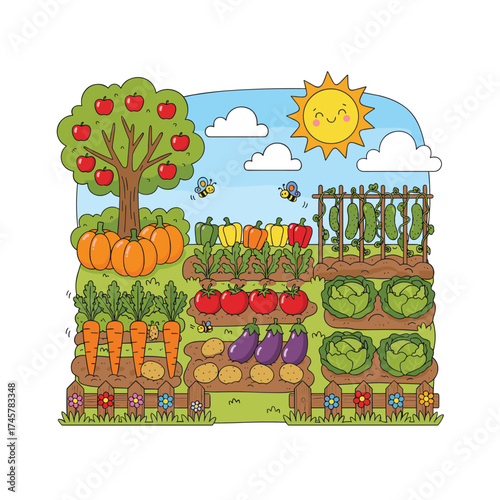 It's harvest season, with a vegetable patch full of onions, potatoes, cucumbers, carrots, radishes, cabbages, eggplants, and peppers, alongside fruit trees bearing ripe fruit