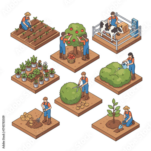 Isometric garden agriculture components: farmers gather fruits, vegetables, and harvests, while workers tend cows, chickens, and other farm animals, all illustrated in a flawless vector set