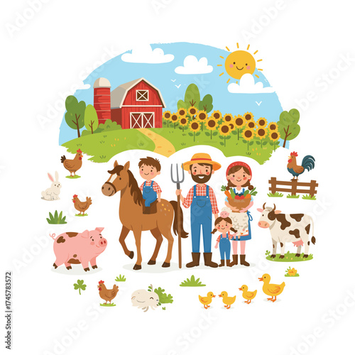 A vector cartoon depicting a cheerful farmer and children alongside farm animals on a farm
