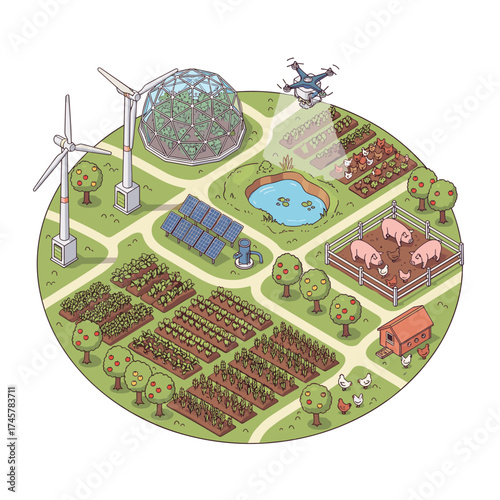 Isometric depiction of a smart farm, an agricultural complex equipped with a modern solar system, windmill, and watering drone, exemplifying flawless vector concepts of contemporary farming