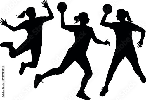 Silhouette of three women playing handball isolated on white background