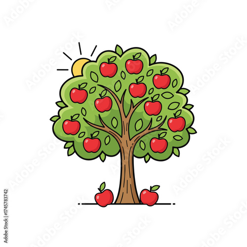 Flat design vector illustration of an apple tree on a white background, featuring a fruit‑laden tree with large red apples nearby, embodying a farming concept and harvest infographic elements