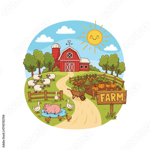 Banner featuring a farming theme with a gardening nature backdrop, a farmhouse, planted vegetation, and live, rendered as a flat-style vector illustration
