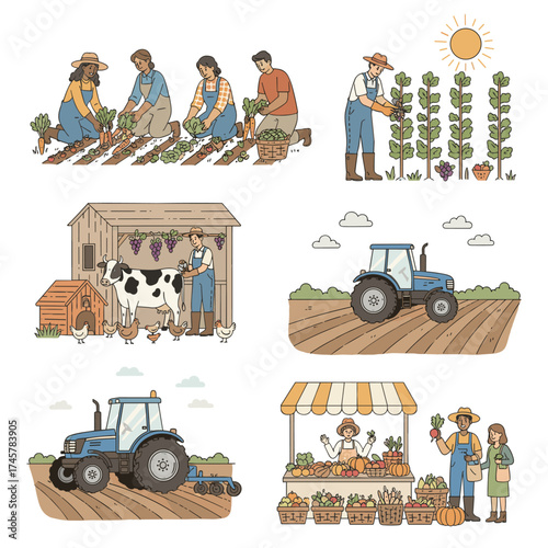 Local organic production: an agricultural worker cultivates food in a garden, sells harvested vegetables and fruit at a local market, depicted in a vector illustration of organic farming