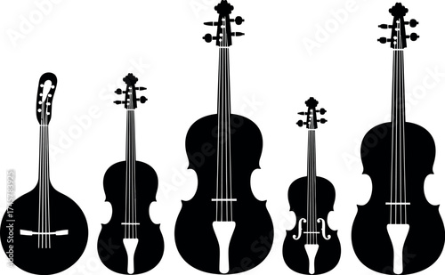Silhouette of string instruments isolated on white background, musical art
