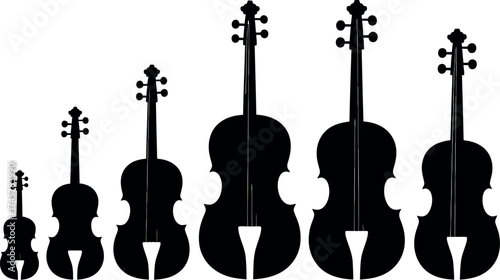 Silhouettes of string instruments in different sizes isolated on white background
