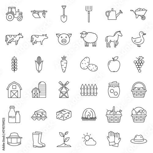 Line icon set for farming and agriculture, featuring isolated vector outlines of farm and countryside elements such as cereal crops, fruit, vegetables, dairy products, fresh meals, animals, plants