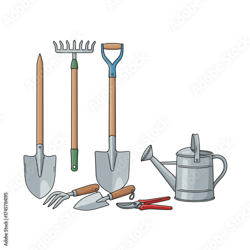 A collection of garden tools—including metal, wood, and plastic items such as a rake, shovel, fan rakes, scoop, scissors, and watering can—depicted in a charming vector illustration against a white