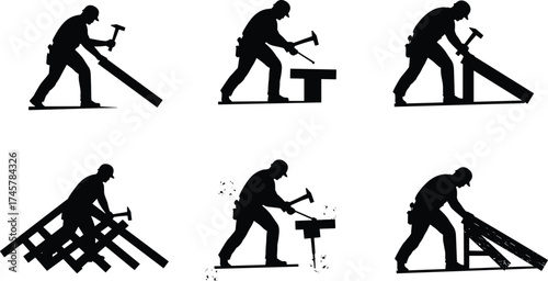 Carpenter silhouettes hammering wood, construction worker in action, manual labor, DIY building, renovation, craftsmanship, trade profession, tool use