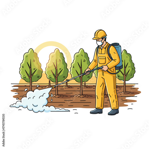 A farmer sprays pesticide or herbicide on agricultural plants, while a man applies chemicals or fertilizer to a plantation, treating pests and illustrating the vector