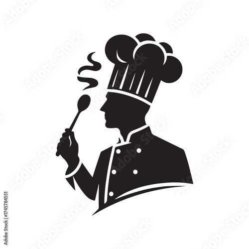 Chef Silhouette Smelling Food Aroma – Professional Cook Vector Icon