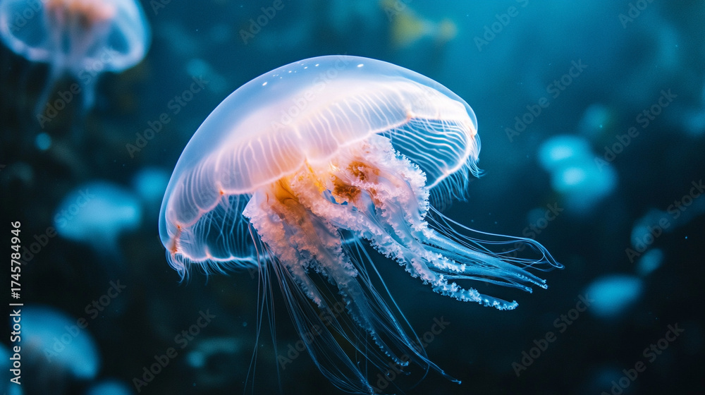 Fototapeta premium Elegant white jellyfish gracefully floating in deep blue ocean. Stunning underwater wildlife photography showcasing marine life, serenity, and oceanic beauty.