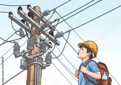 Vector art of man looking at electric pole with wires and insulators on blue sky background