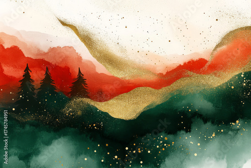 Abstract Christmas watercolor landscape in festive red, green, and gold with glittering pine trees and mountains.
