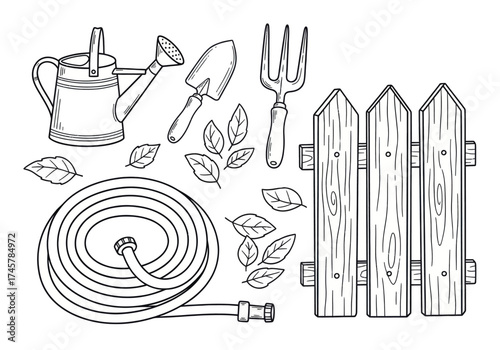 Vector art of gardening tools coloring page with fence and leaves