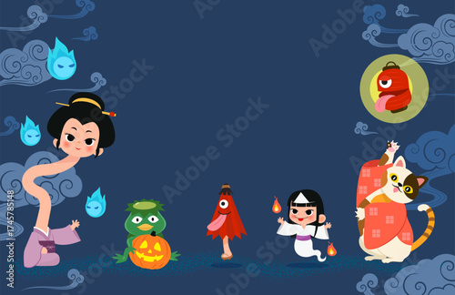 Japanese ghosts folklore background vector illustration.