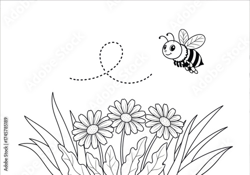 Vector art of cute bee flying over flowers coloring page, bee and daisy