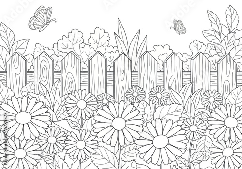 Vector art of garden scene coloring page with flowers, butterflies and fence