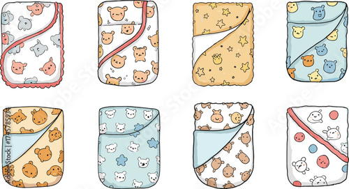 Cartoon baby swaddle set, cute animal print blankets, newborn essentials, colorful nursery bedding, infant wrap designs, soft fabric