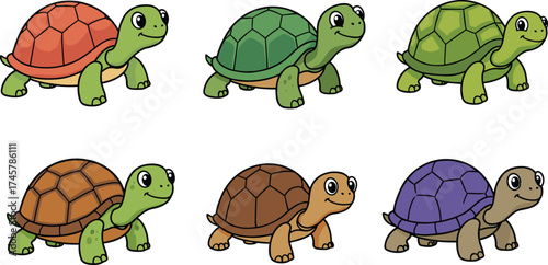 Cartoon turtle set, colorful shell variations, cute reptile characters, playful animal illustration, kids art, stylized turtle design