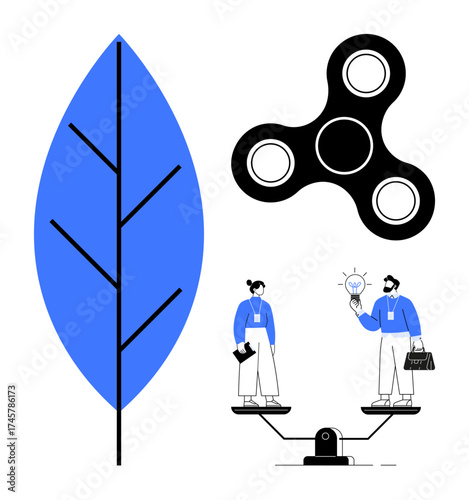 Blue leaf, black fidget spinner, team standing on a balancing scale holding a lightbulb. Ideal for sustainability, teamwork, balance, innovation, ideas productivity creativity. Modern flat metaphor