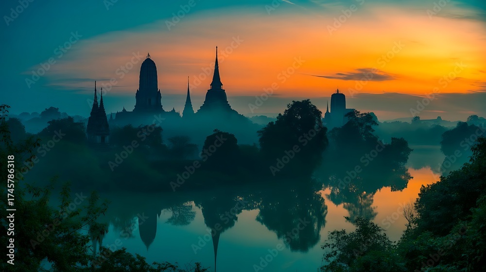 Obraz premium Beautiful sunrise over the ancient temples of bagan in myanmar