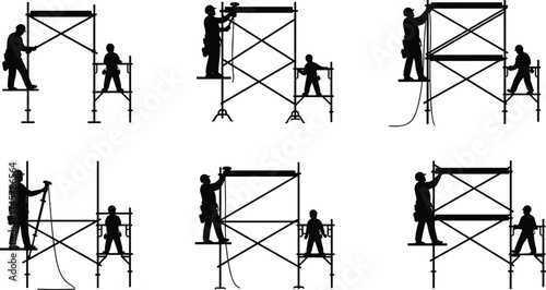 Construction workers assembling scaffolding, industrial site teamwork, silhouette of men working at height, safety gear, construction site maintenance, teamwork