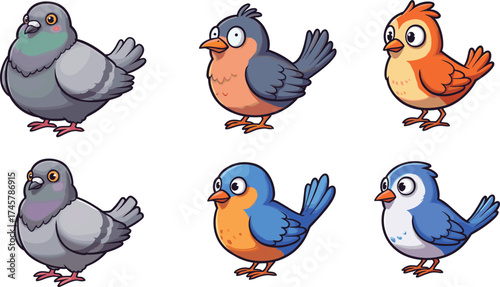 Cartoon bird illustration, realistic to stylized transition, colorful avian characters, expressive design, kids art, playful birds