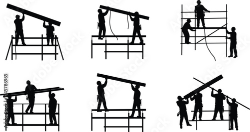 Construction workers team lifting beams and working on scaffolding, silhouette icons for building, renovation, architecture, and labor safety
