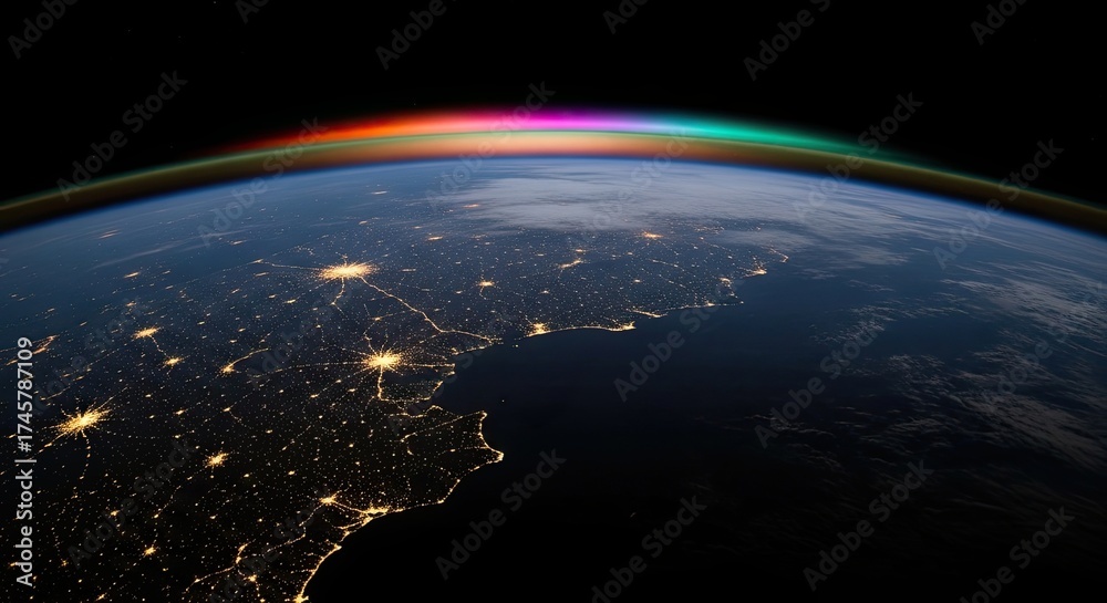 Fototapeta premium Earths Atmosphere Glowing with Aurora Borealis Over City Lights