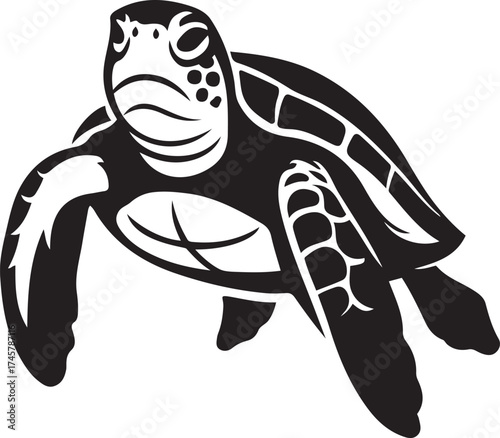 Sea turtle swimming towards viewer black and white, Marine wildlife vector illustration design