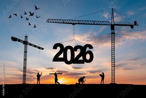 Silhouette of construction crane lifting number 5 to change year 2025 into 2026 at sunset sky, symbolizing new year celebration, future vision, progress, opportunity, business growth, positive change.