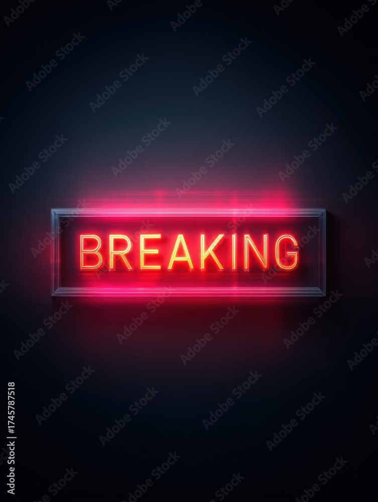 Obraz premium Bright Neon Sign Displaying the Word Breaking in Pink Light on a Dark Background
