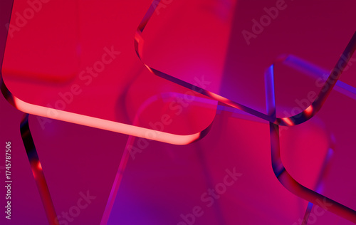 3D Render of Transparent Geometric Shapes Illuminated by Gradient Neon Colors