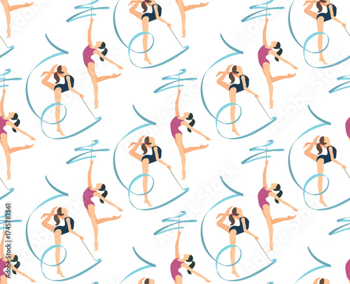 Seamless pattern with girls performing rhythmic gymnastics with ribbons. Background of gymnast players with sports equipment