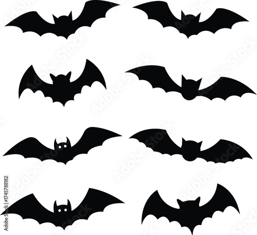 Halloween vector set. set of Halloween icons. Eight bats silhouettes flying Halloween bat, illustration creepy night animal black bat silhouette.