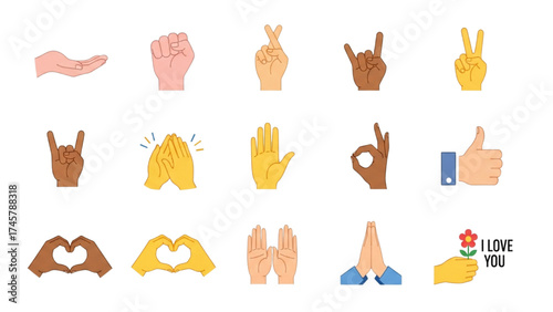 15 Hand Gesture Emoji Icon Set – Diverse Flat Hand Symbol Vector Collection with Varied Skin Tones