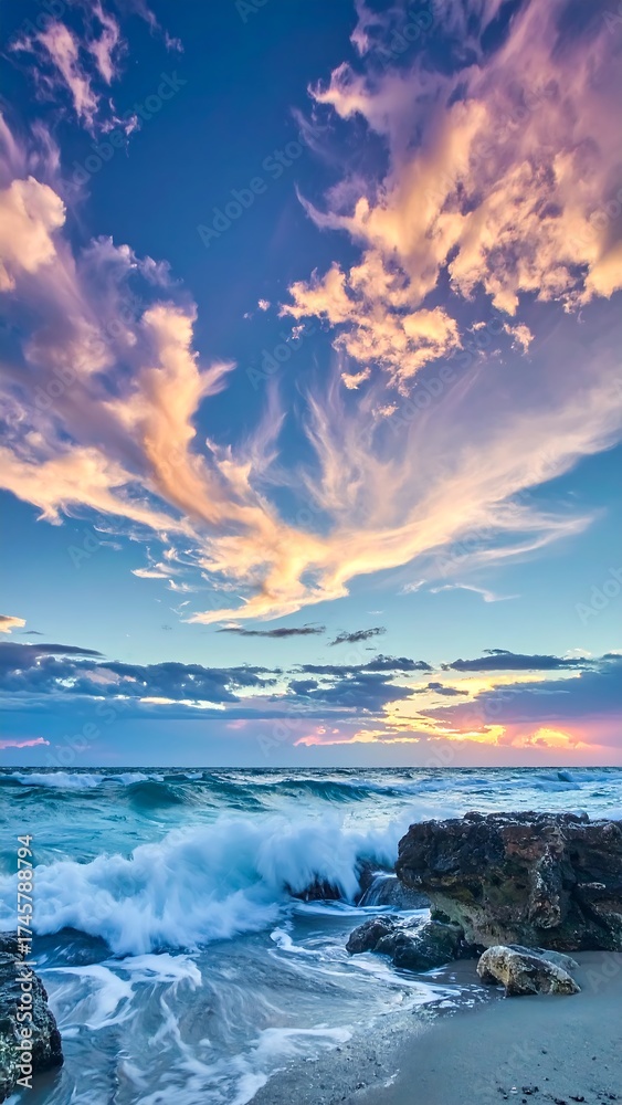 Fototapeta premium Dramatic sunset over crashing waves