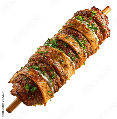Layered tortilla kebab skewer, grilled meat and flatbread, isolated on transparent background
