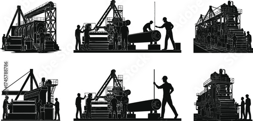Industrial machine operation, factory workers silhouette, heavy equipment, manufacturing process, assembly line, steel production, workshop tools, engineering facility visuals