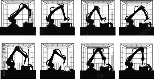 Industrial robotic arms welding metal, automation in factory, high-tech manufacturing, smart industry equipment, future technology, production line innovation, robotics.