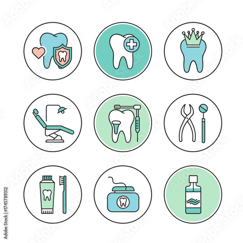A set of thin‑line icons depicting dental care, treatment, equipment, and oral hygiene, suitable for websites, mobile sites, and apps, with editable strokes