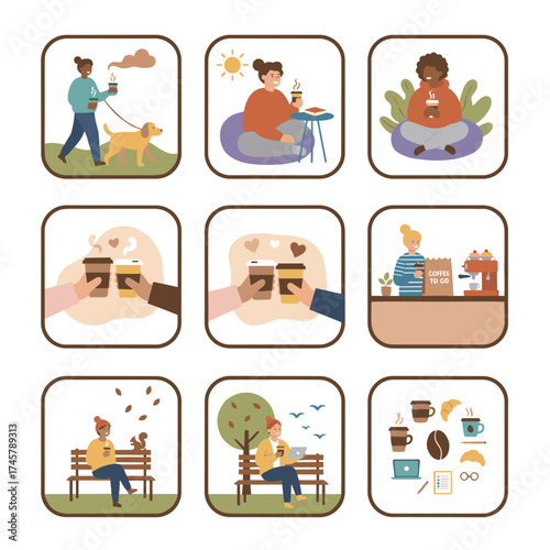 A collection of vector posters depicting people relaxing, sipping coffee, and going about their daily routines, designed for social media banners, marketing materials, and ads for restaurants and